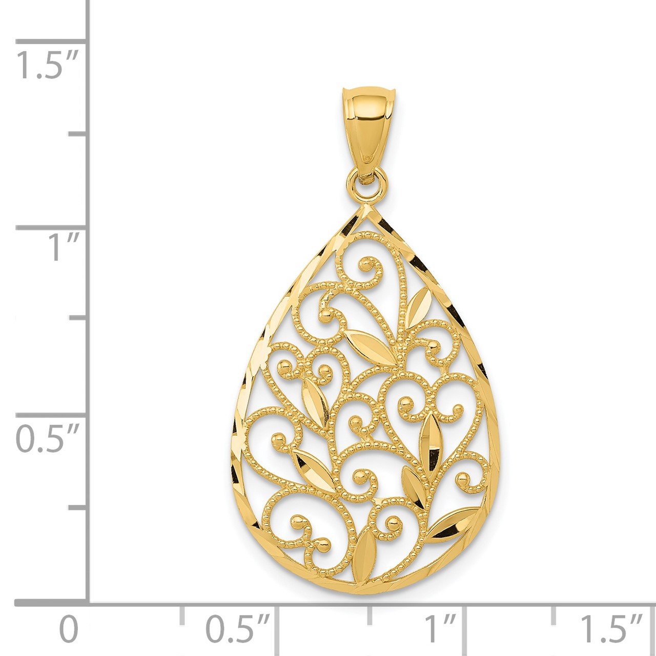 14K Gold Polished / Textured Filigree Teardrop Pendant-2