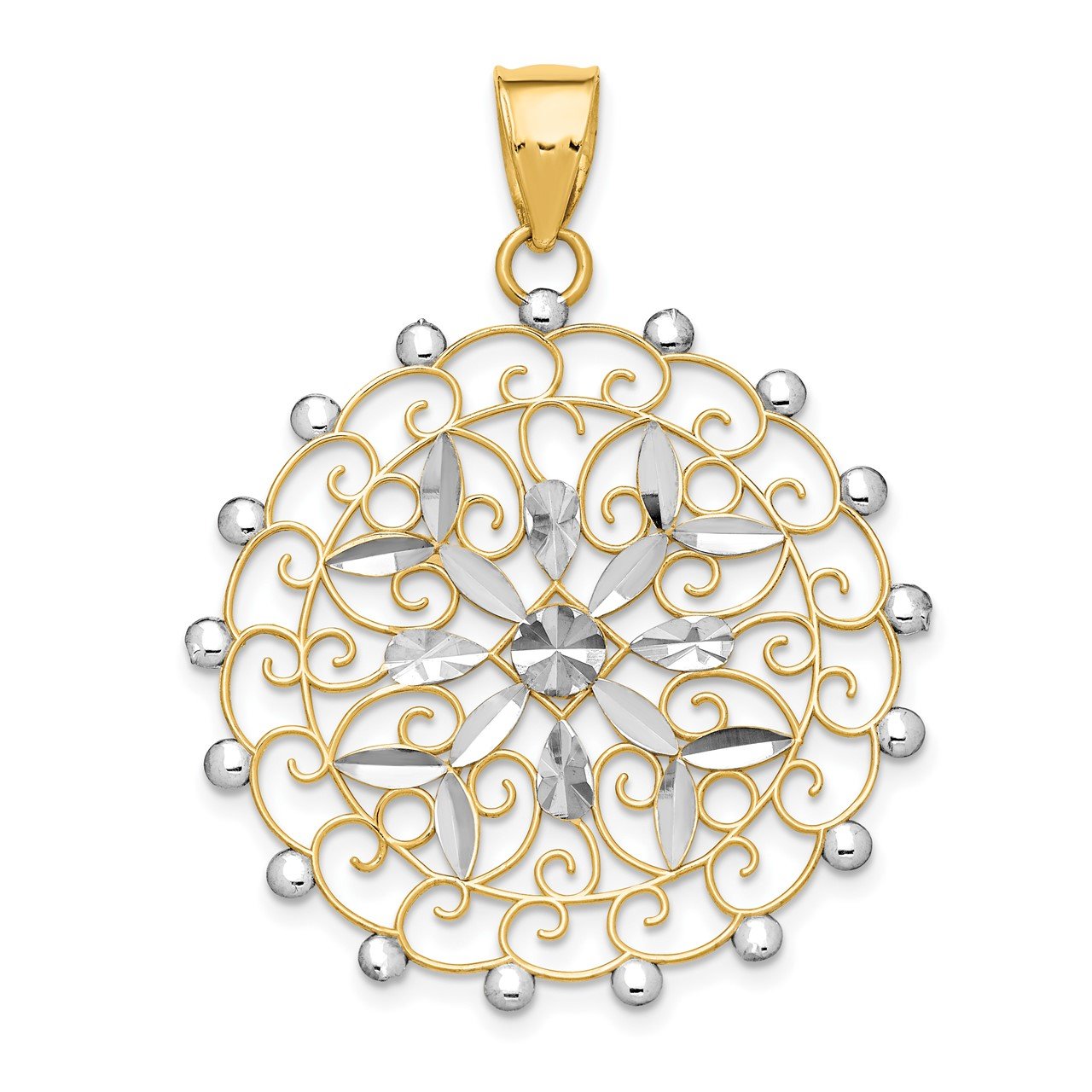 14k Rhodium Diamond Cut Filigree Pendant