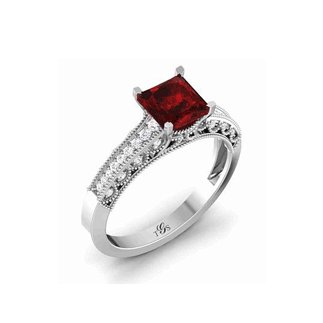 14K White Gold Red Stone/ Natural Diamonds Ring