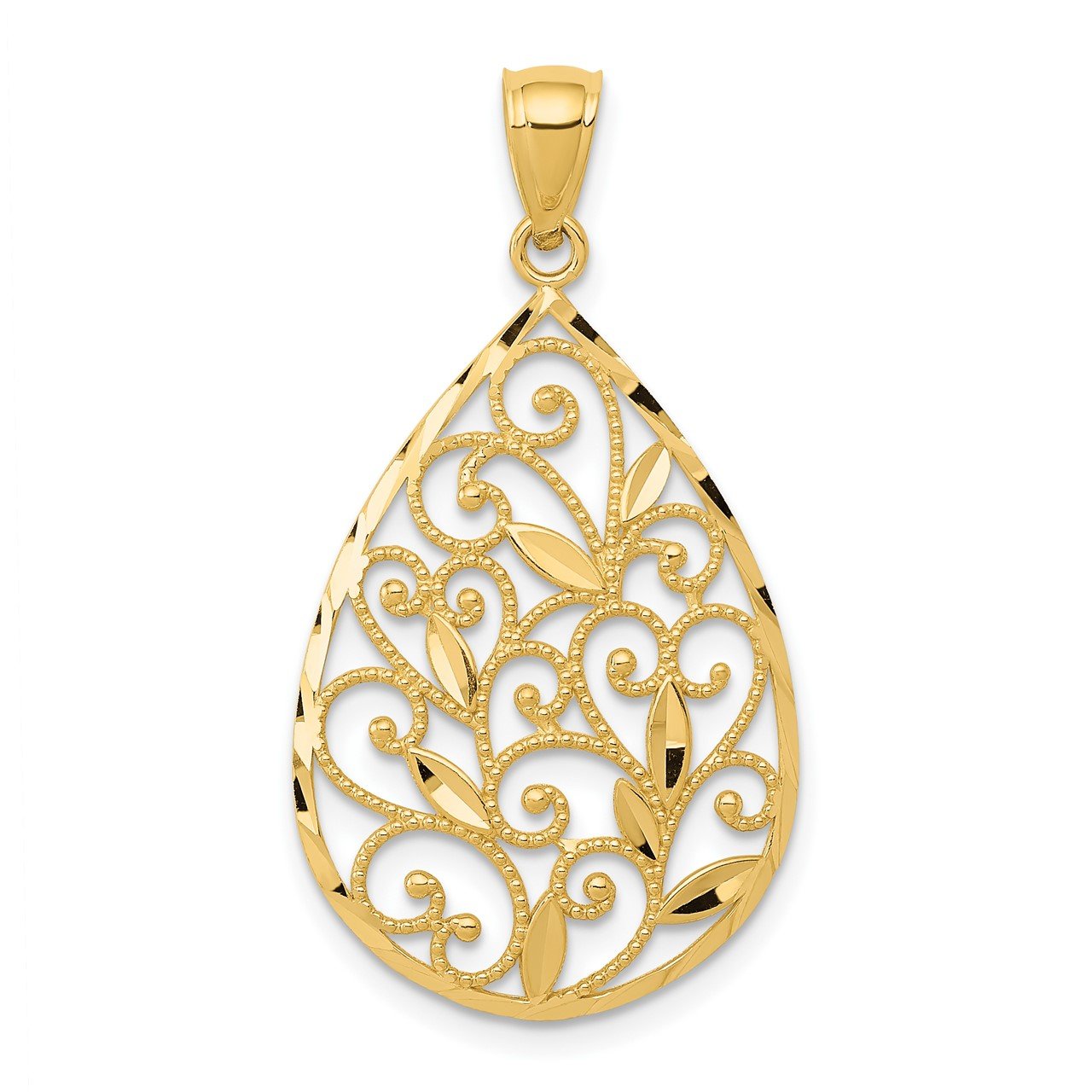 14K Gold Polished / Textured Filigree Teardrop Pendant