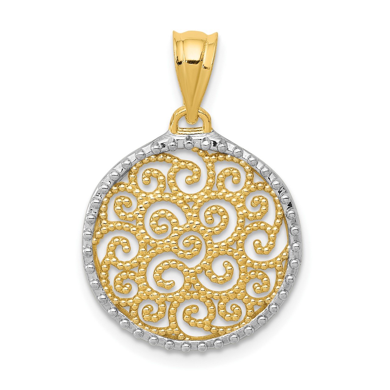 14K with Rhodium Filigree Circle Pendant