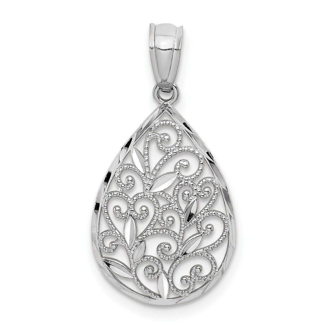 14k White Gold Polish/Textured Small Filigree Teardrop Pendant