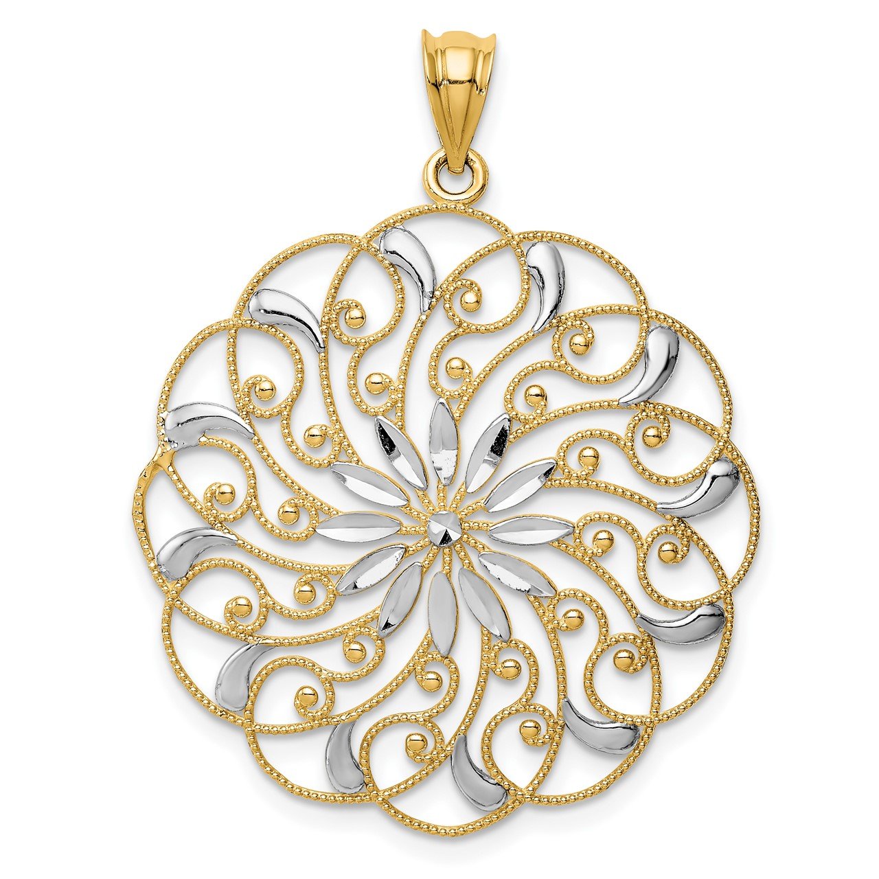 14k and Rhodium Diamond-cut Fancy Swirl Pendant