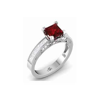 14K White Gold Red Stone/ Natural Diamonds