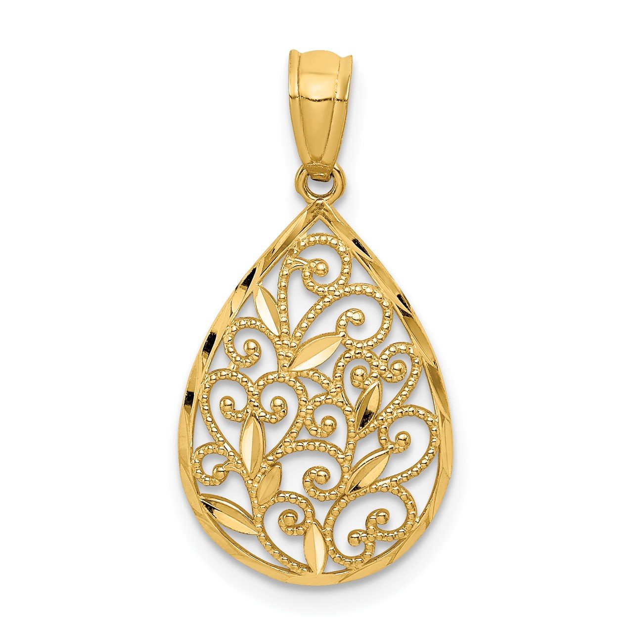 14K Gold Polished / Textured Small Filigree Teardrop Pendant