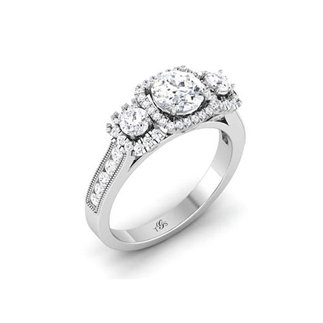14K White Gold Three Stone Halo Natural Diamond Engagement Ring (Center Stones (3) Not Included)