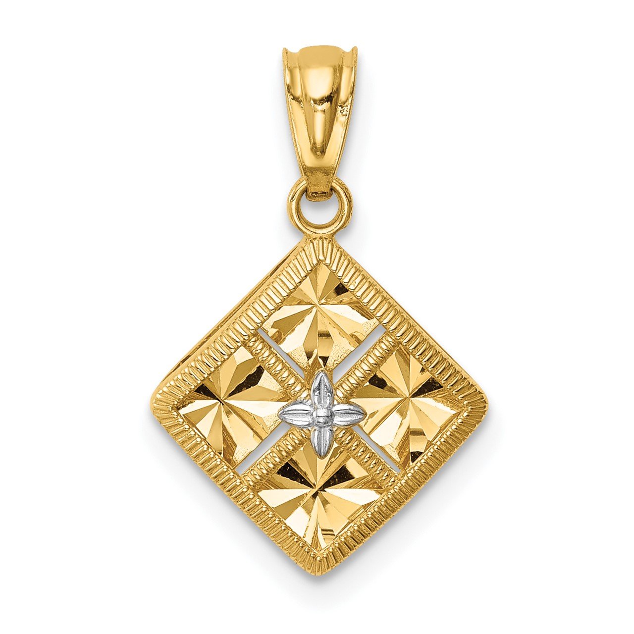 14K with White Rhodium Diamond-Cut Square Charm