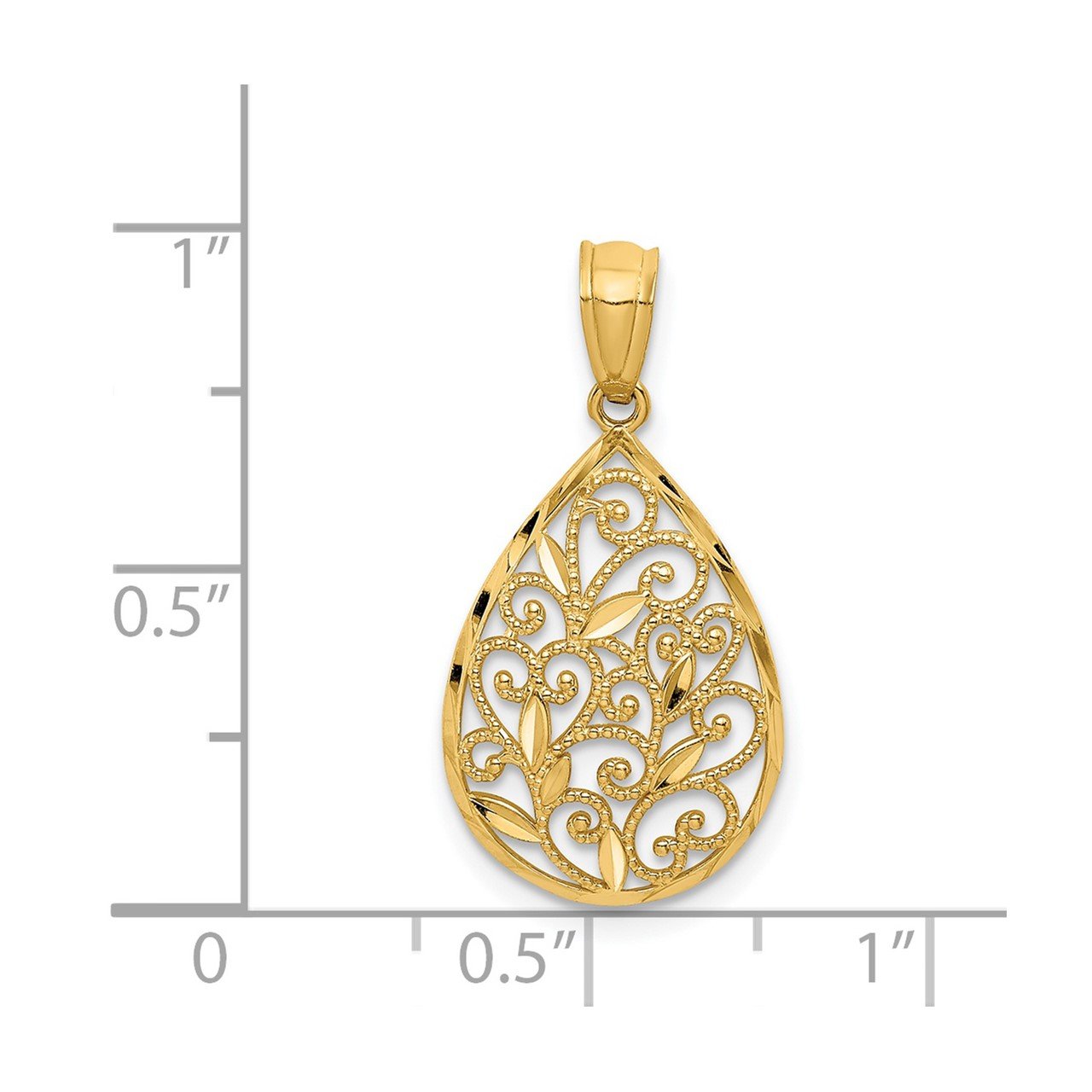 14K Gold Polished / Textured Small Filigree Teardrop Pendant-2