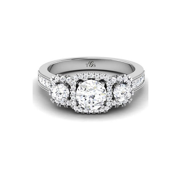 14K White Gold Three Stone Halo Natural Diamond Engagement Ring (Center Stones (3) Not Included)-2