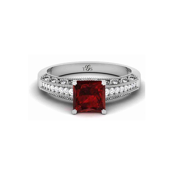 14K White Gold Red Stone/ Natural Diamonds Ring-1
