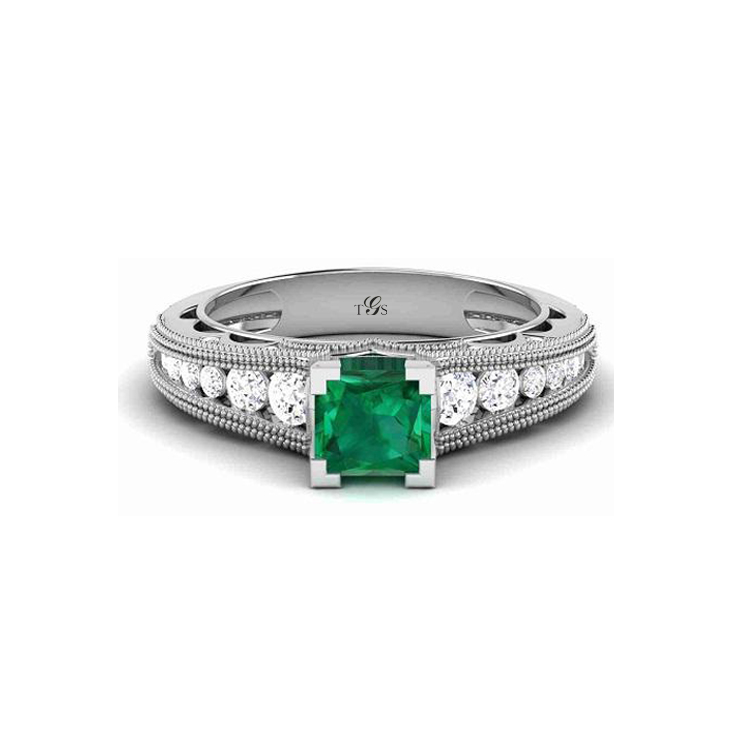 14K White Gold Green Stone/ Natural Diamonds Ring-8