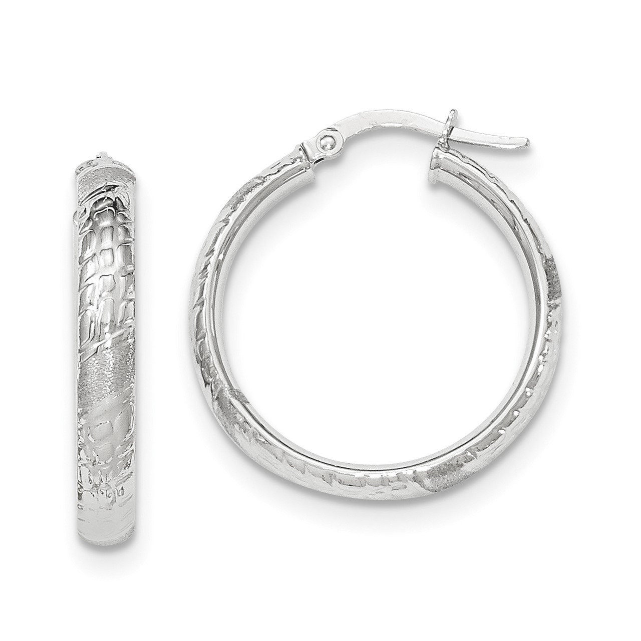 14k White Gold Polished Textured Large Round Hoop Earrings