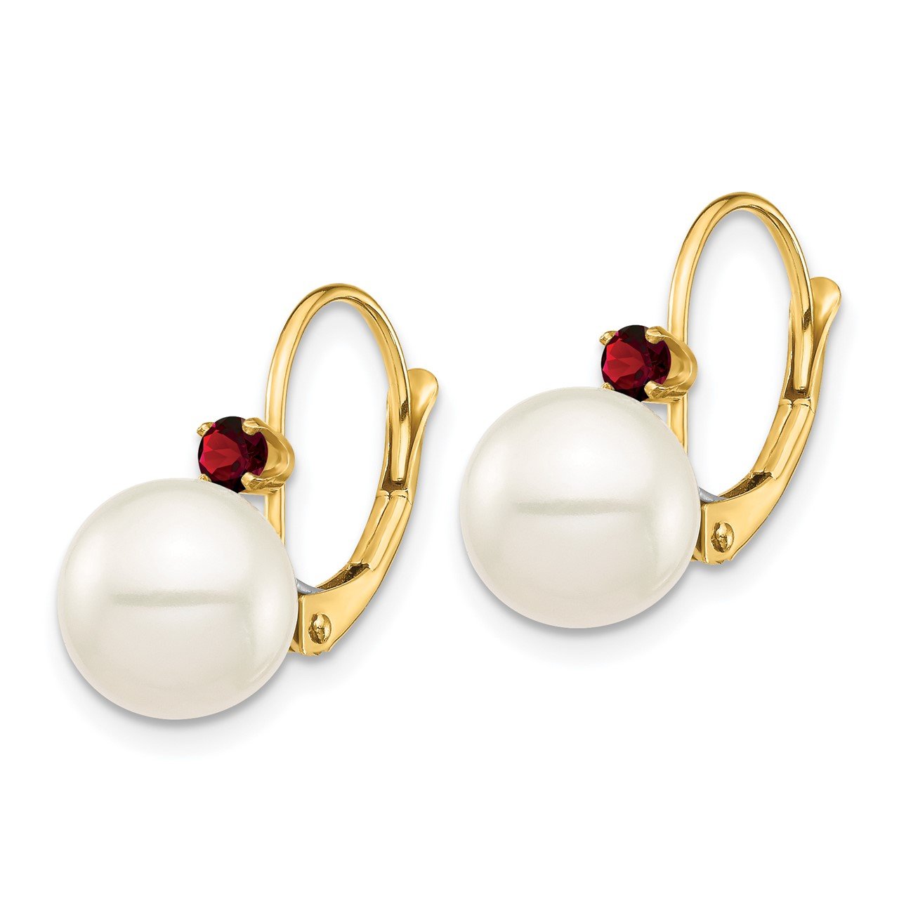 14K 8-8.5mm White Round FWC Pearl Garnet Leverback Earrings-1