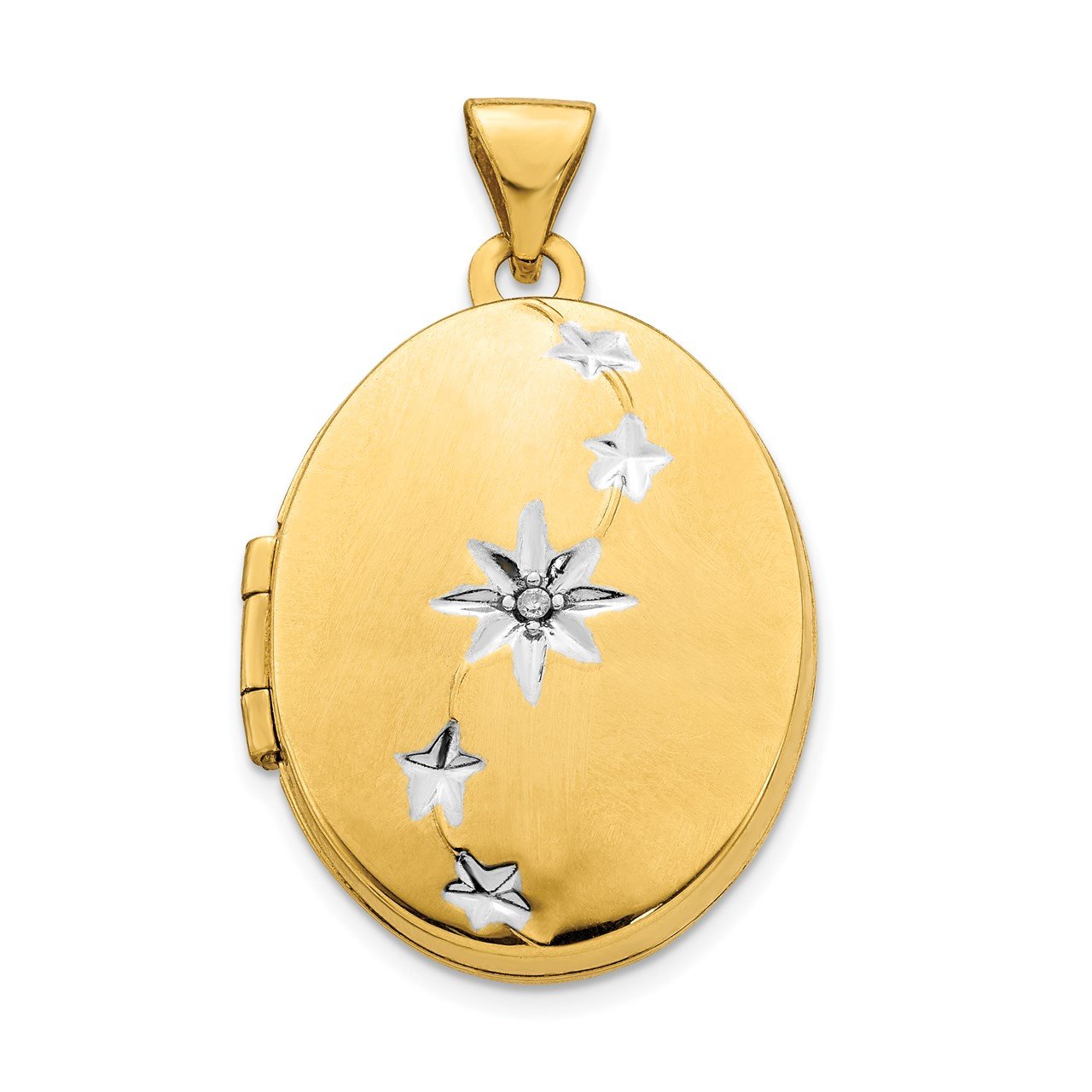 14K Yellow Gold and White Rhodium Brushed/Polished Diamond Stars Oval Locket