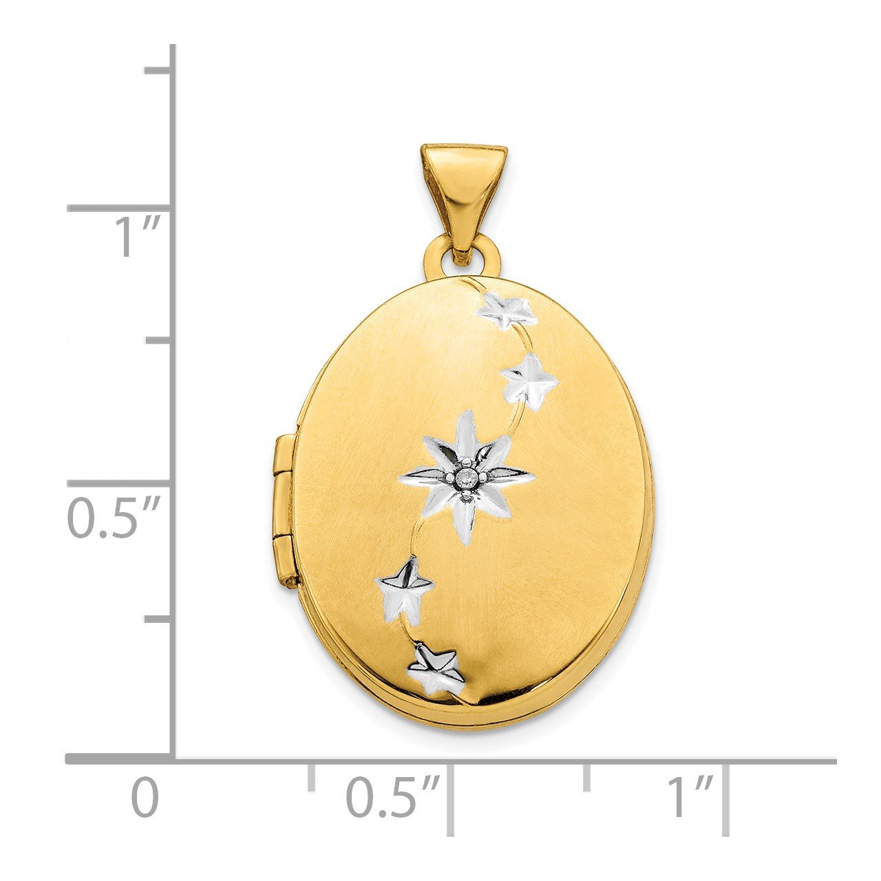 14K Yellow Gold and White Rhodium Brushed/Polished Diamond Stars Oval Locket-4