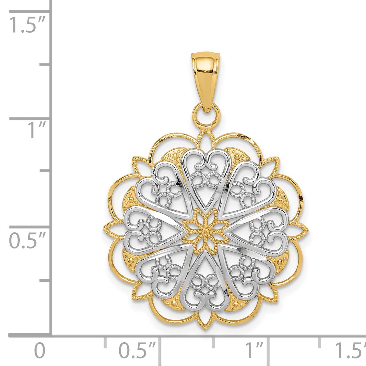 14K with Rhodium Filigree Hearts with Scalloped Edge Pendant-2