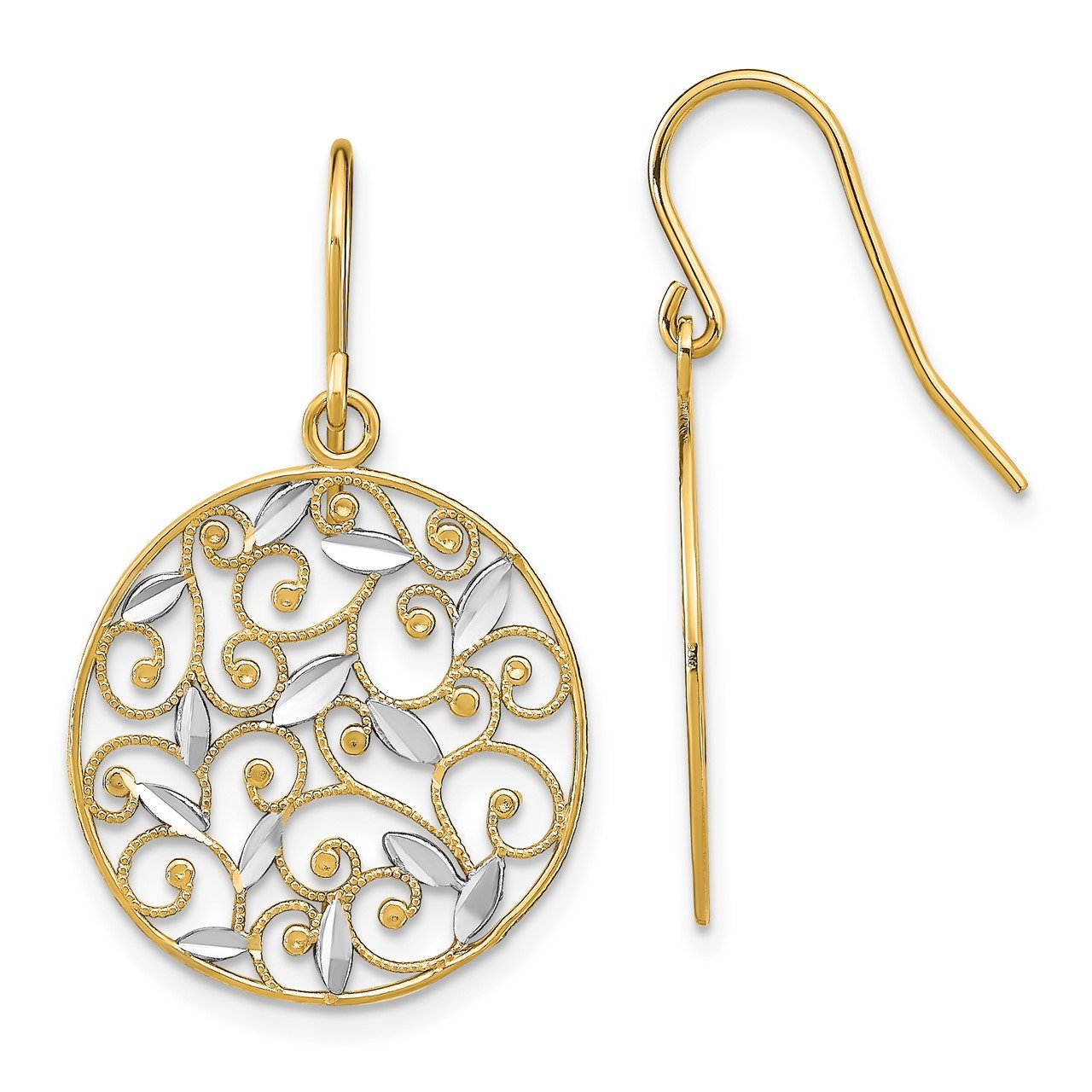 14K with Rhodium Fancy D/C Dangle Wire Earrings