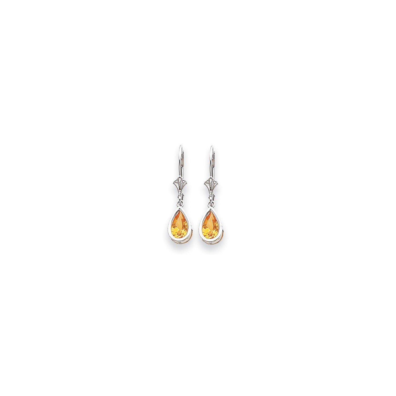 14k White Gold 8x5mm Pear Citrine Checker leverback earring