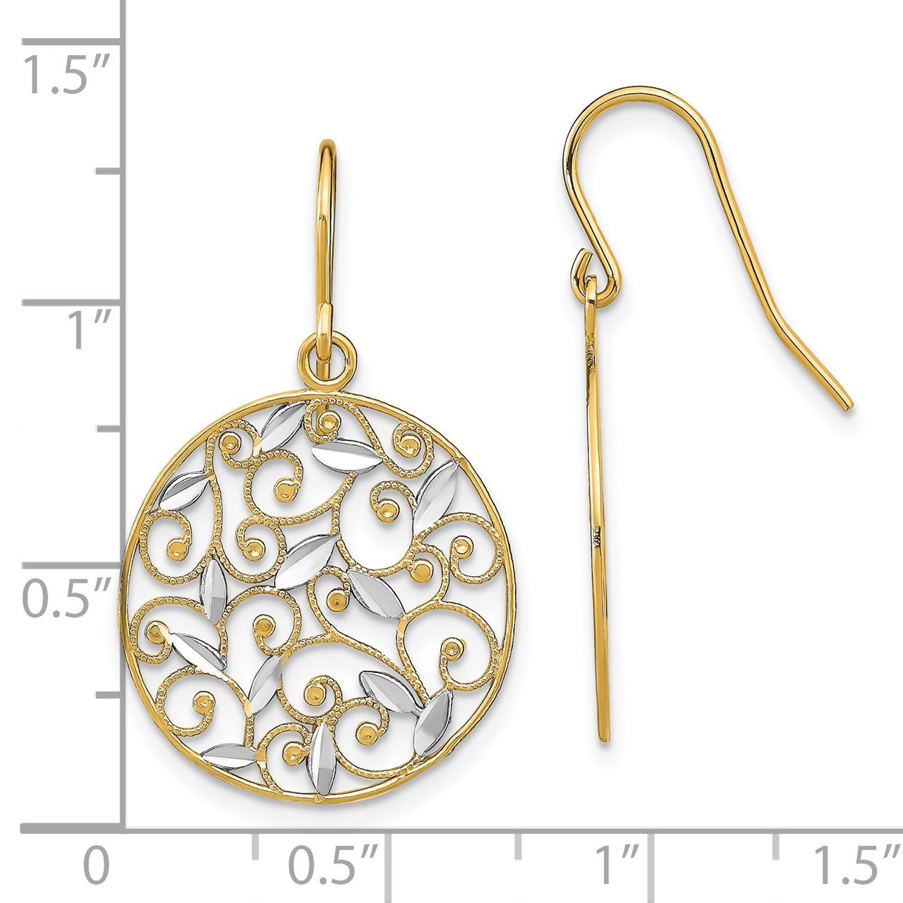 14K with Rhodium Fancy D/C Dangle Wire Earrings-2