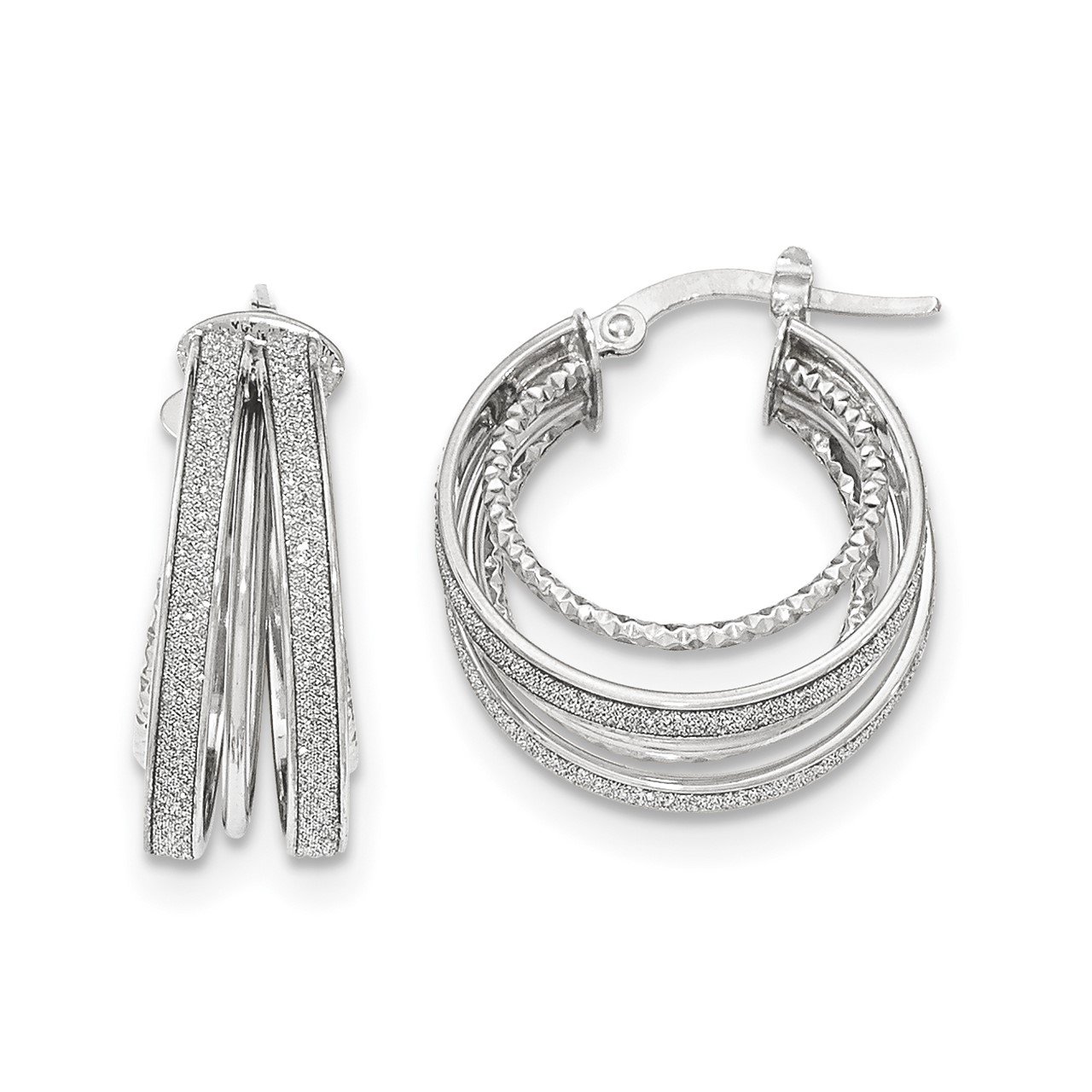 14k White Gold Polished Glitter Infused Textured Hoop Earrings