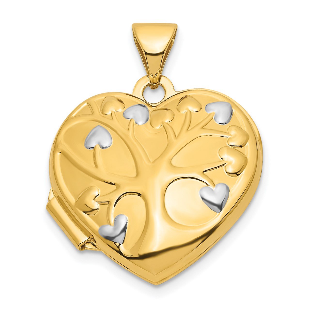 14k with White Rhodium Tree 18mm Heart Locket