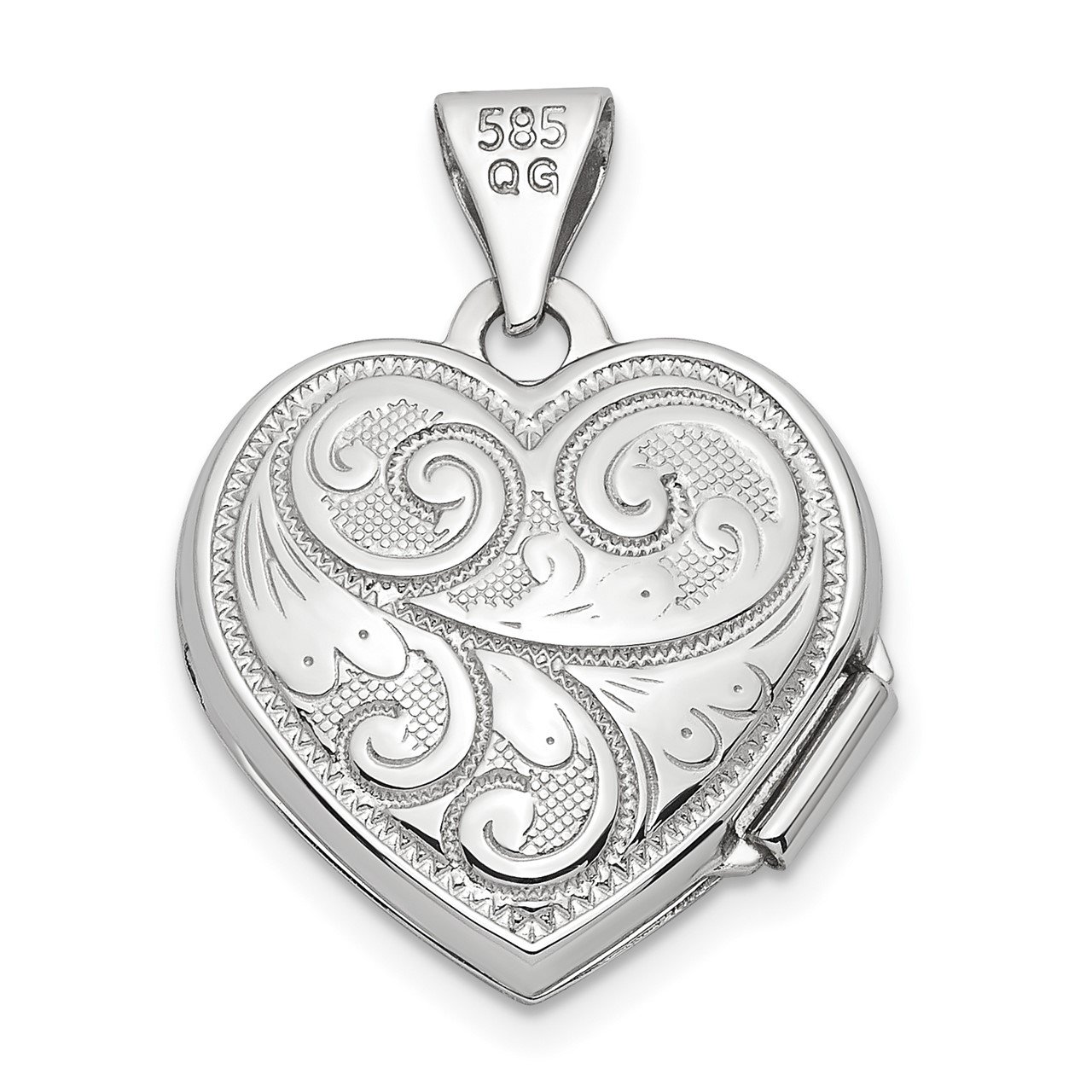 14k White Gold Swirl Design 15mm Heart Locket-3