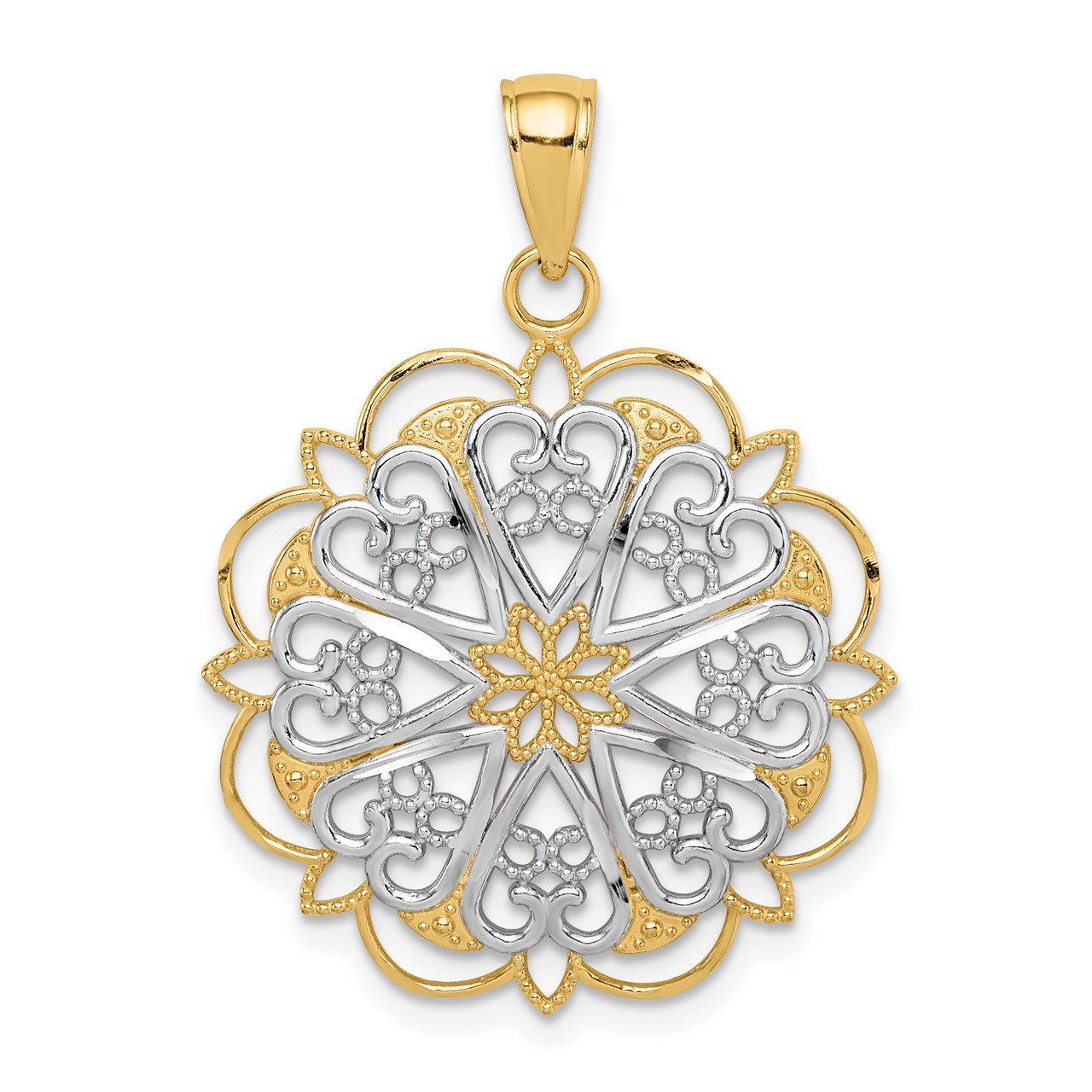 14K with Rhodium Filigree Hearts with Scalloped Edge Pendant