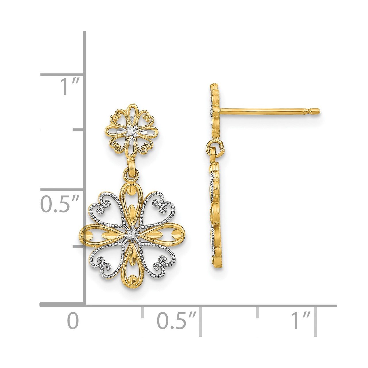 14K with Rhodium Beaded Heart Petal Floral Dangle Earrings-2