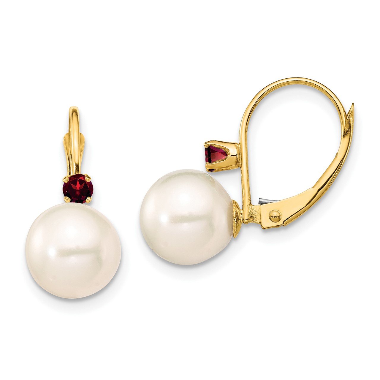 14K 8-8.5mm White Round FWC Pearl Garnet Leverback Earrings