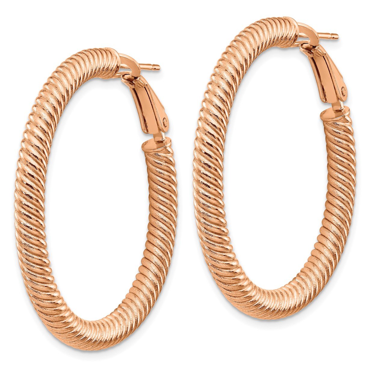 14k 4x30mm Rose Gold Twisted Round Omega Back Hoop Earrings-1
