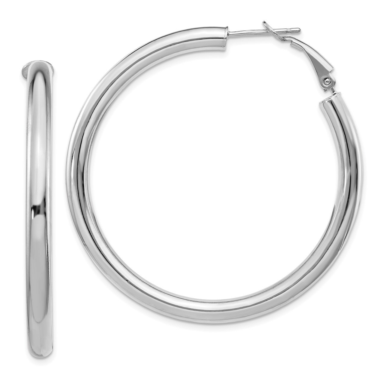 14k White Gold 4x50mm Polished Round Omega Back Hoop Earrings