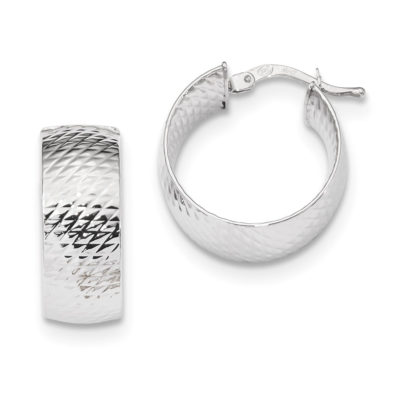 14K White Gold Polished and Textured Hinged Hoop Earrings