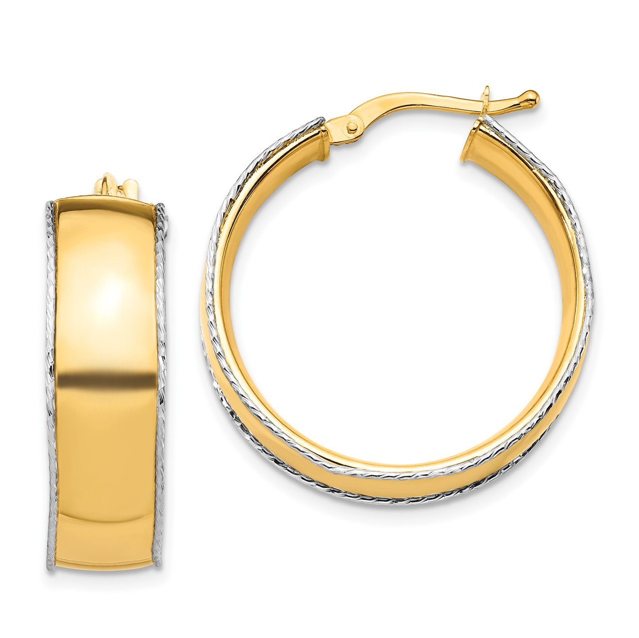 14K Yellow and White Gold 8x25mm D/C Edge Hoop Earrings The Gold Store