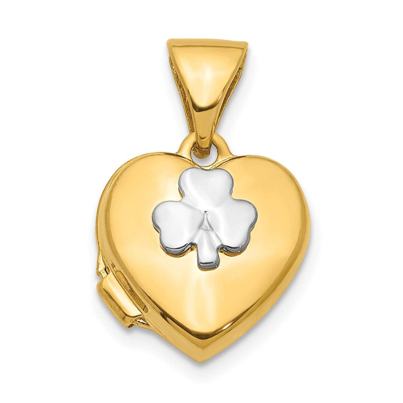 14K with Rhodium 11mm Clover Heart Locket Pendant-1