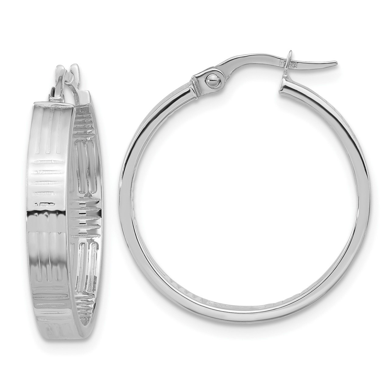 14k White Gold Polished and D/C Circle Hoop Earrings