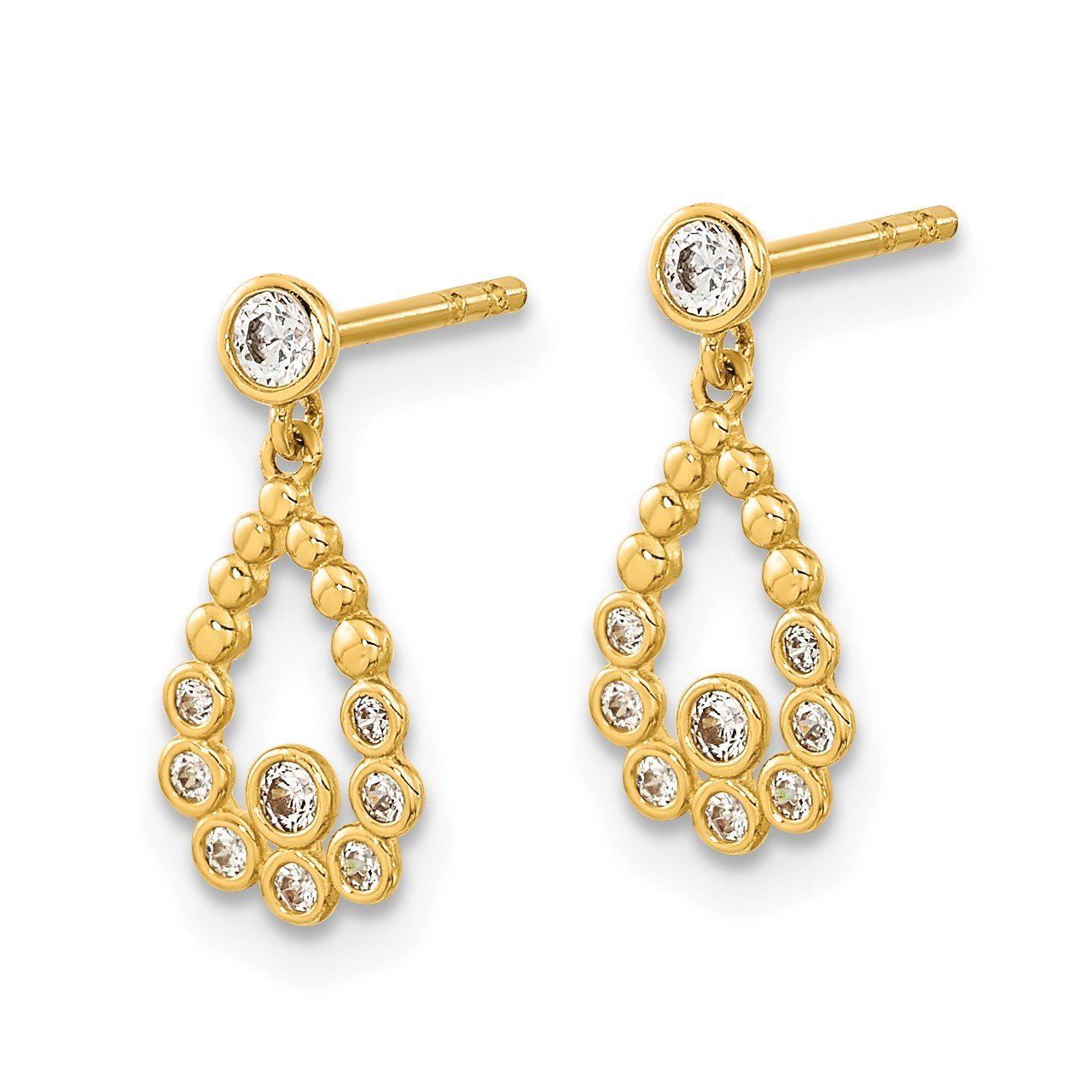 14K Polished CZ Tear Drop Dangle Post Earrings-1