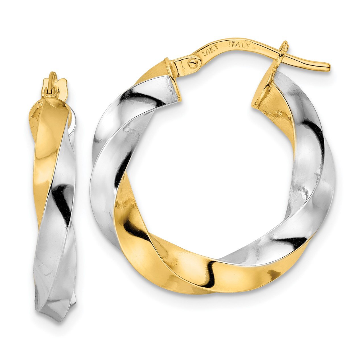 14K and Rhodium Polished Twisted Hoop Earrings