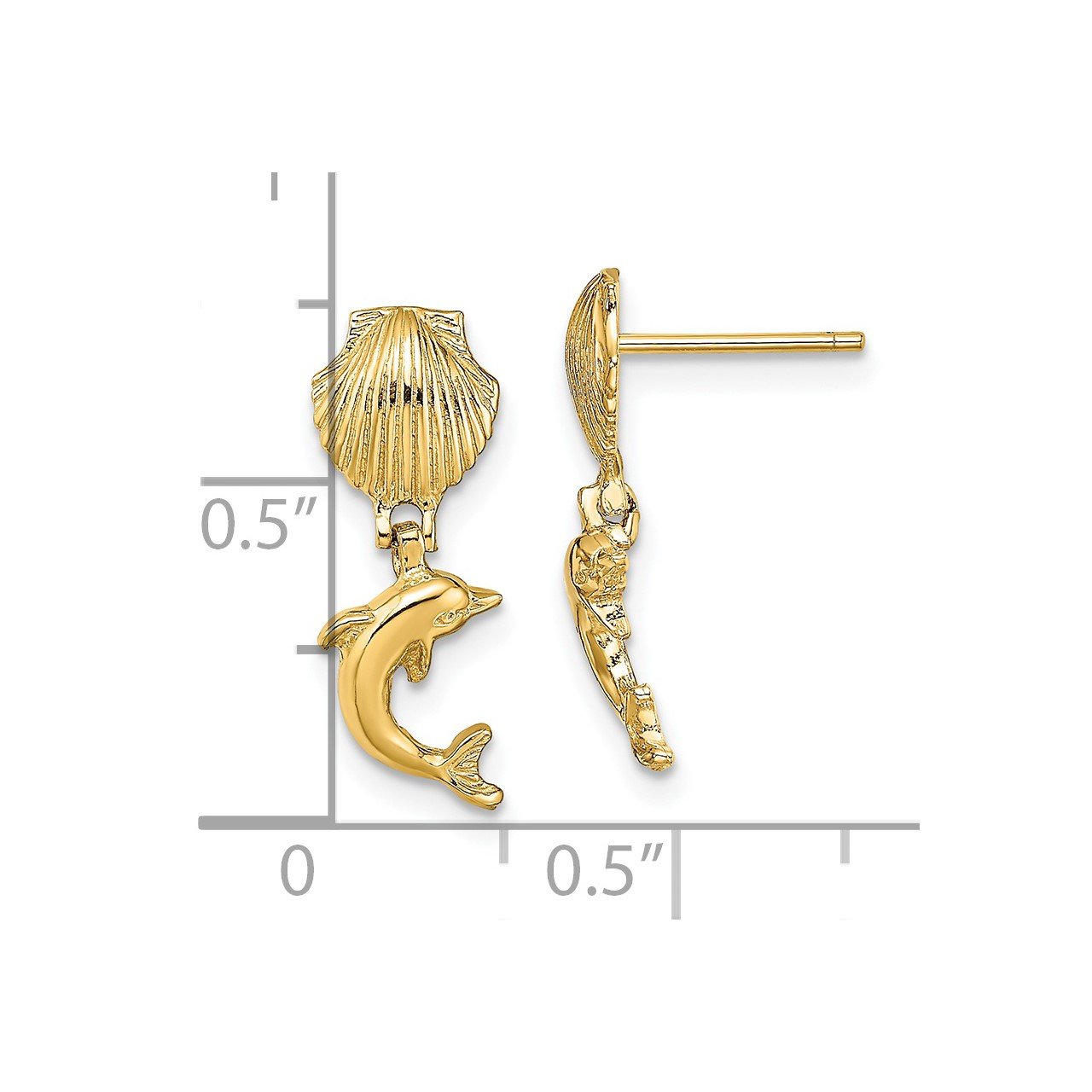 14K Dolphin Dangle From Mini Scallop Earrings-2