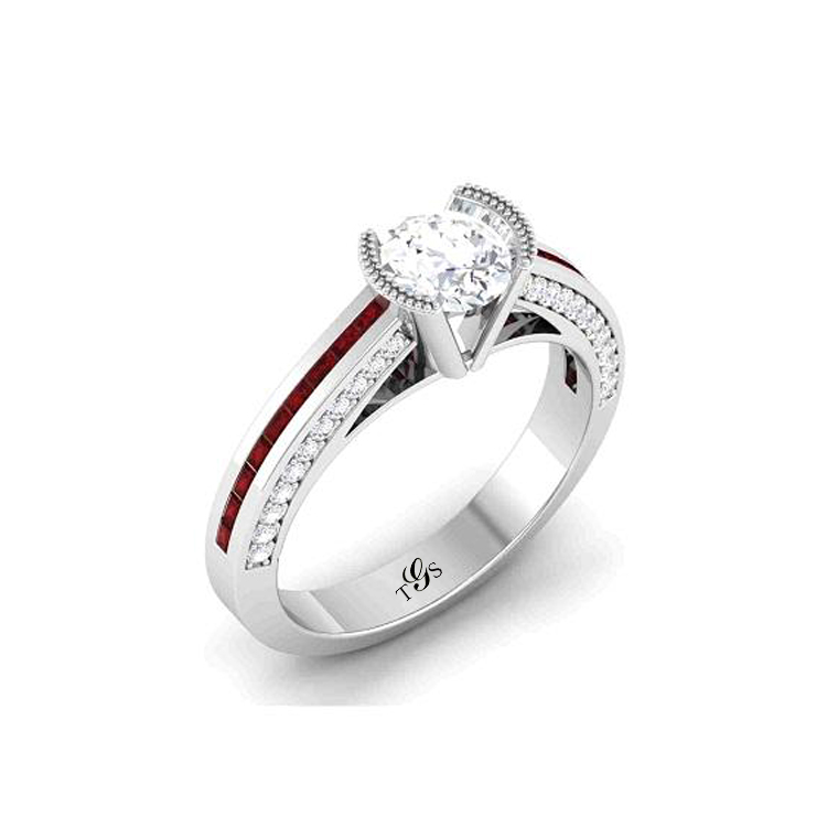 14K White Gold Channel Set w/ Natural Diamond w/ Synthetic Ruby Engagement Ring (Center Stone Not Included)