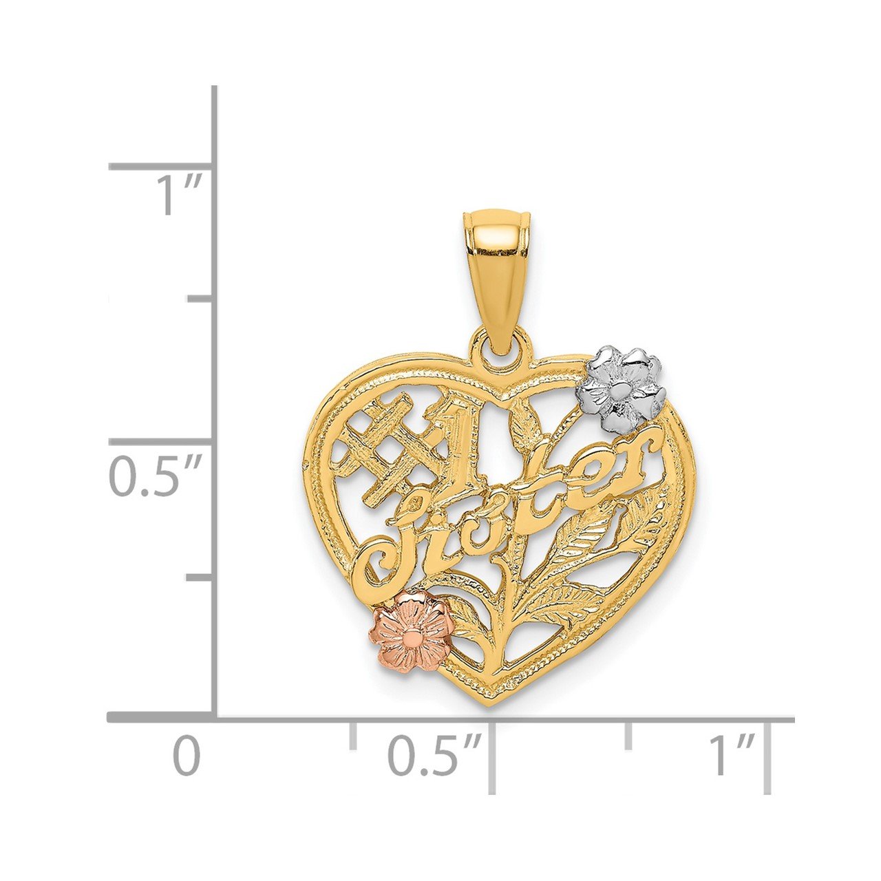 14k Two-tone White Rhodium SISTER On Heart with Flowers Charm-2