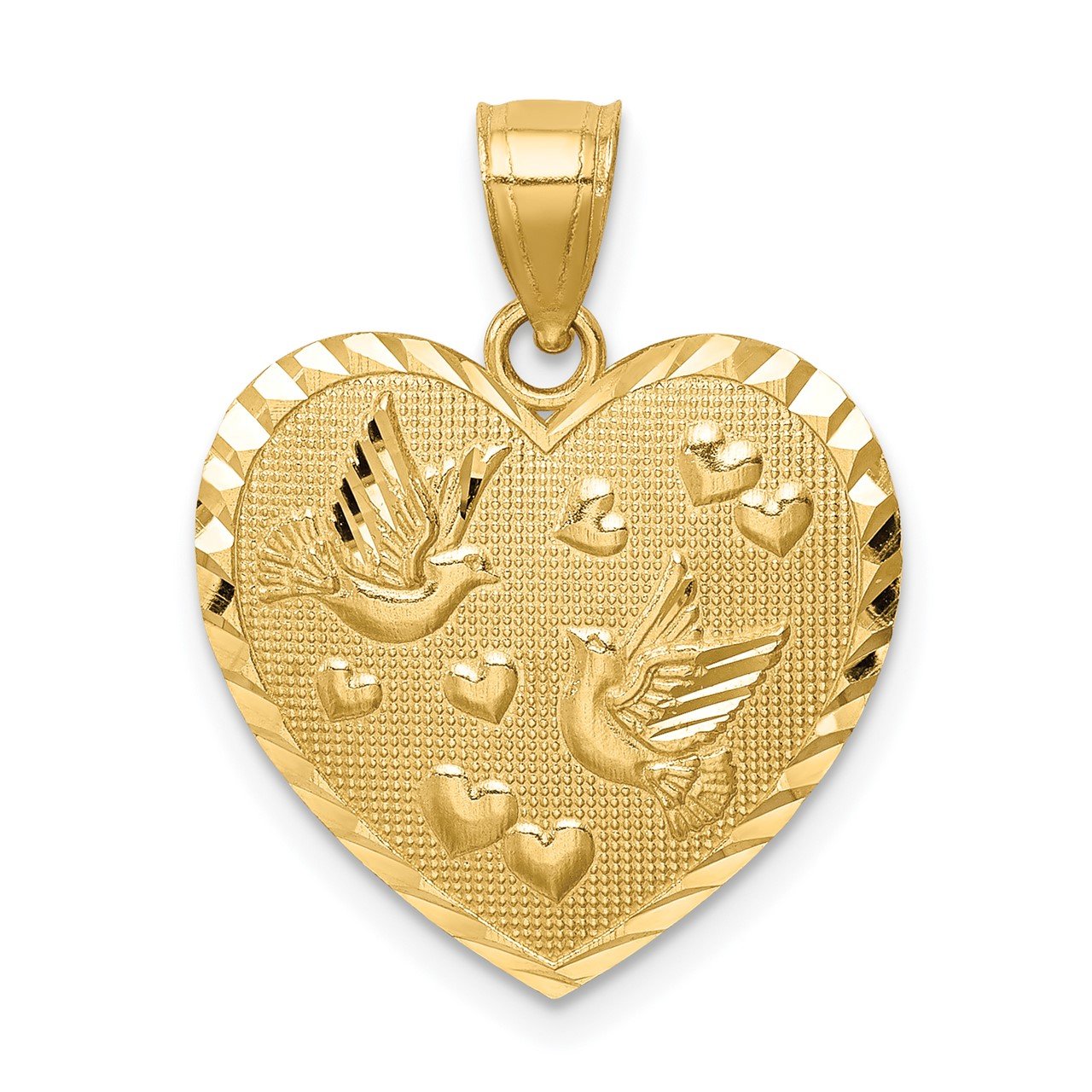 14K Heart with Doves and Hearts D/C Textured Pendant