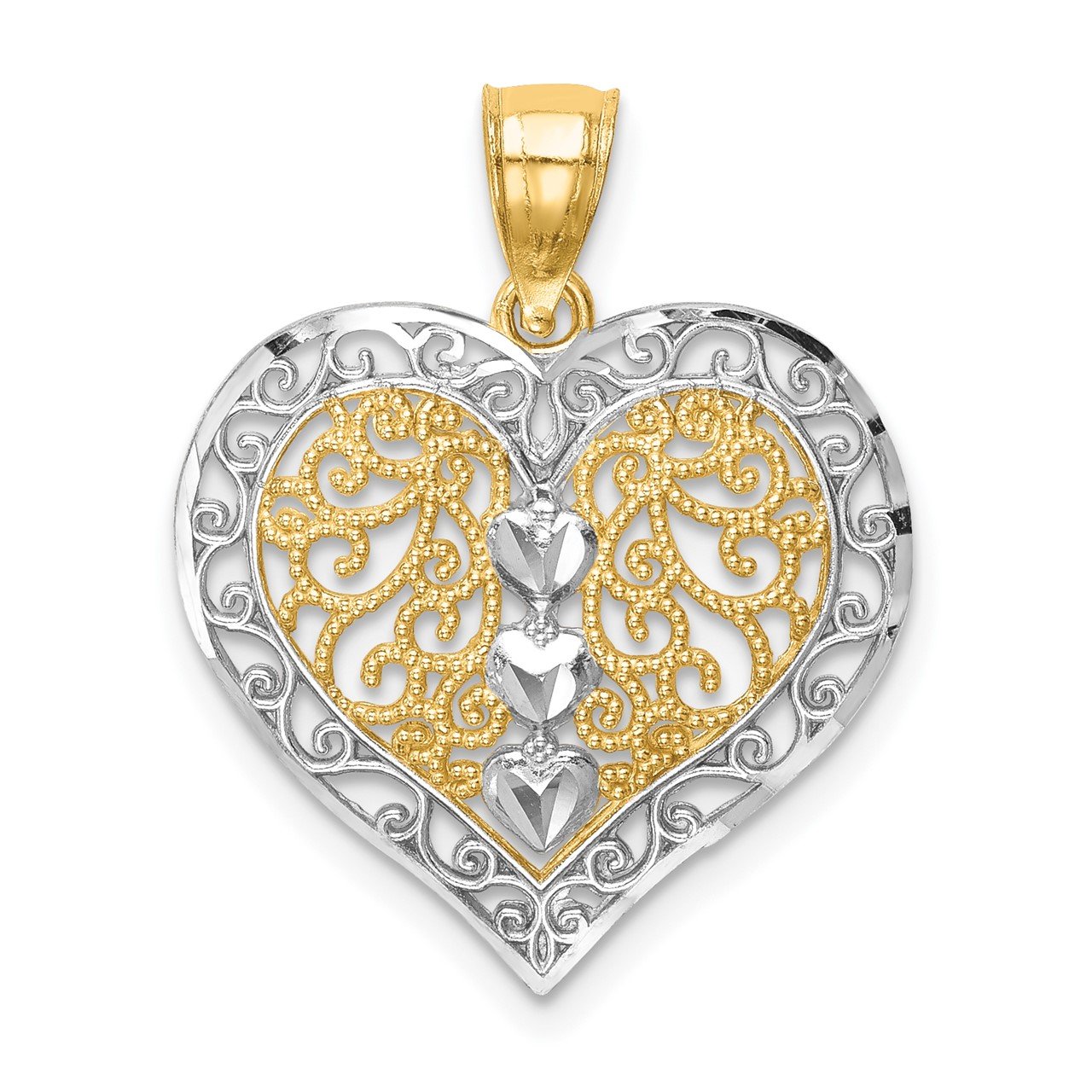 14K with Rhodium D/C Filigree Heart Pendant