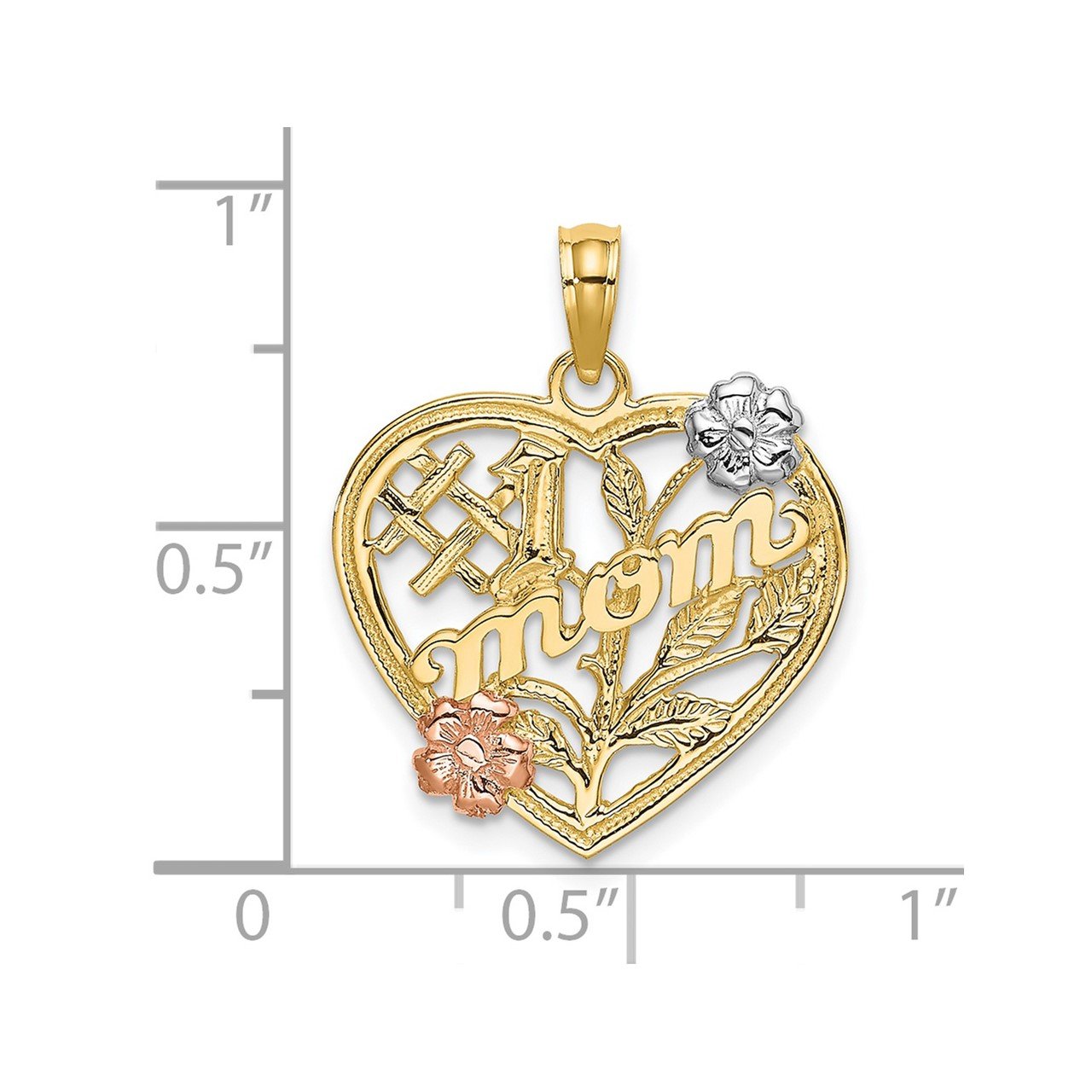14k Two-tone with White Rhodium #1 MOM Heart with Flower Charm-2