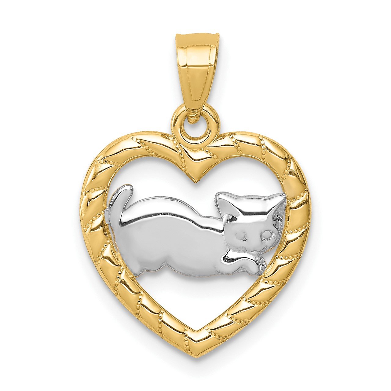 14K with Rhodium Cat in Heart Pendant