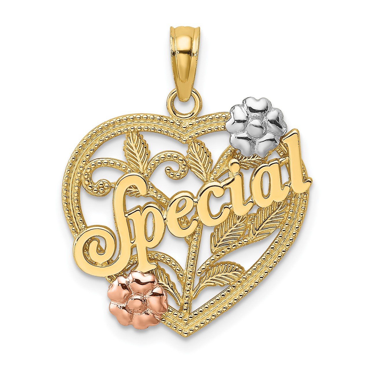 14k Two-tone with White Rhodium SPECIAL On Heart with Flower Charm
