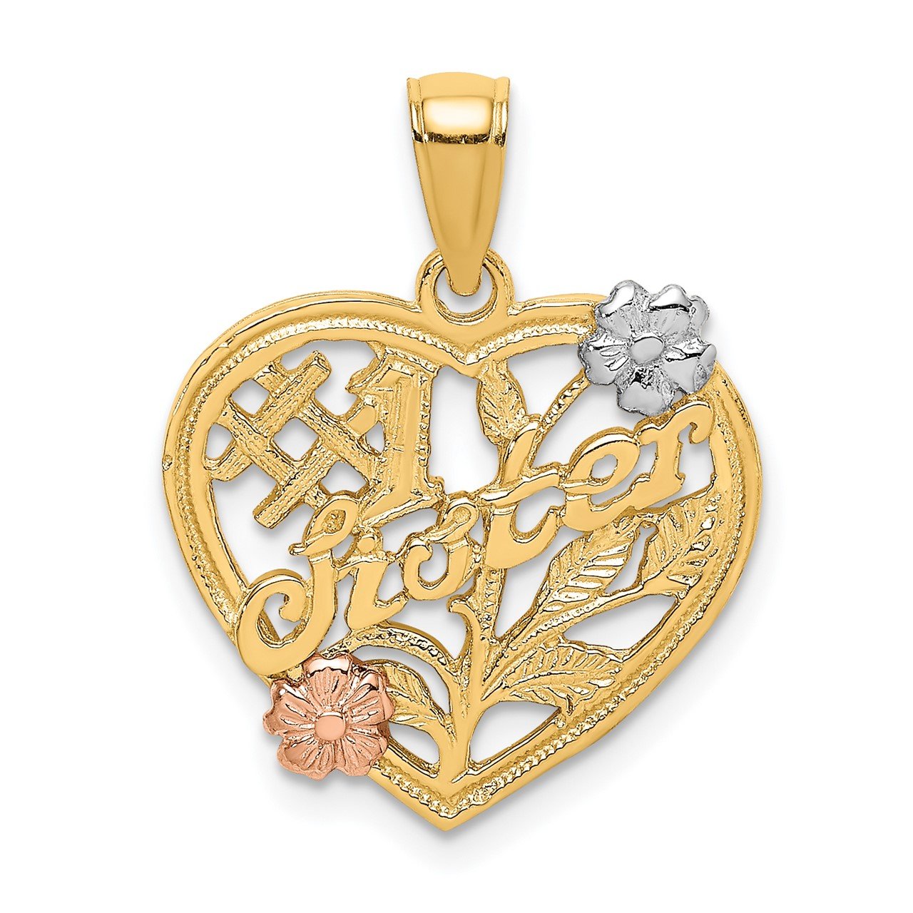 14k Two-tone White Rhodium SISTER On Heart with Flowers Charm