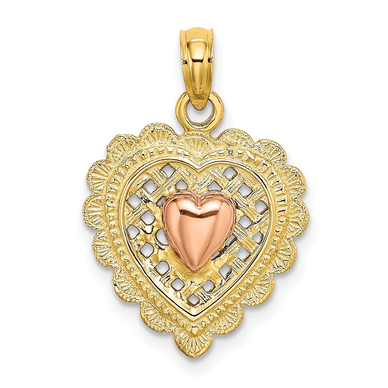 14k Rose and Yellow Gold Polished Heart On Textured Heart Charm