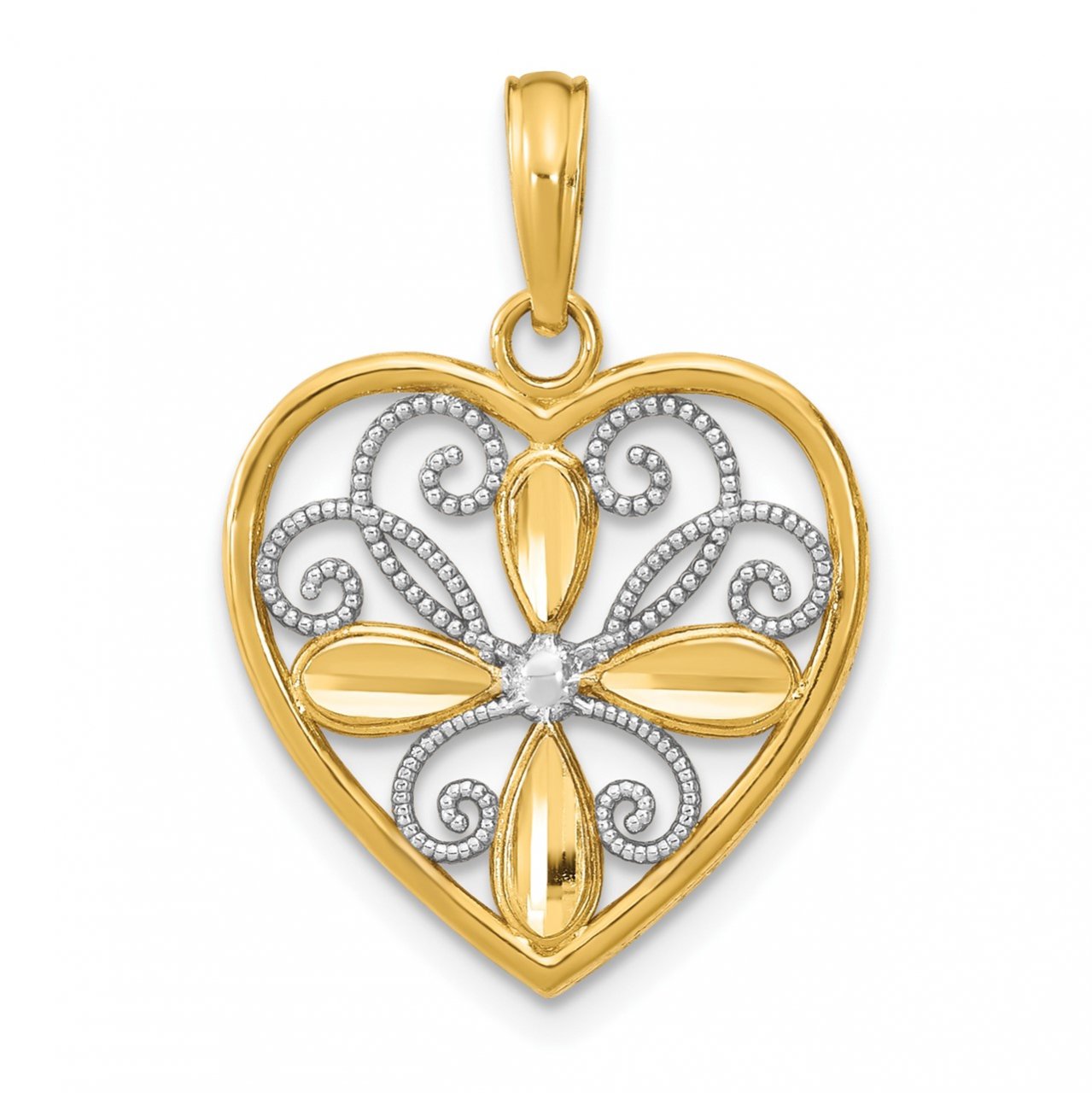 14k with Rhodium Textured Filigree Heart Charm