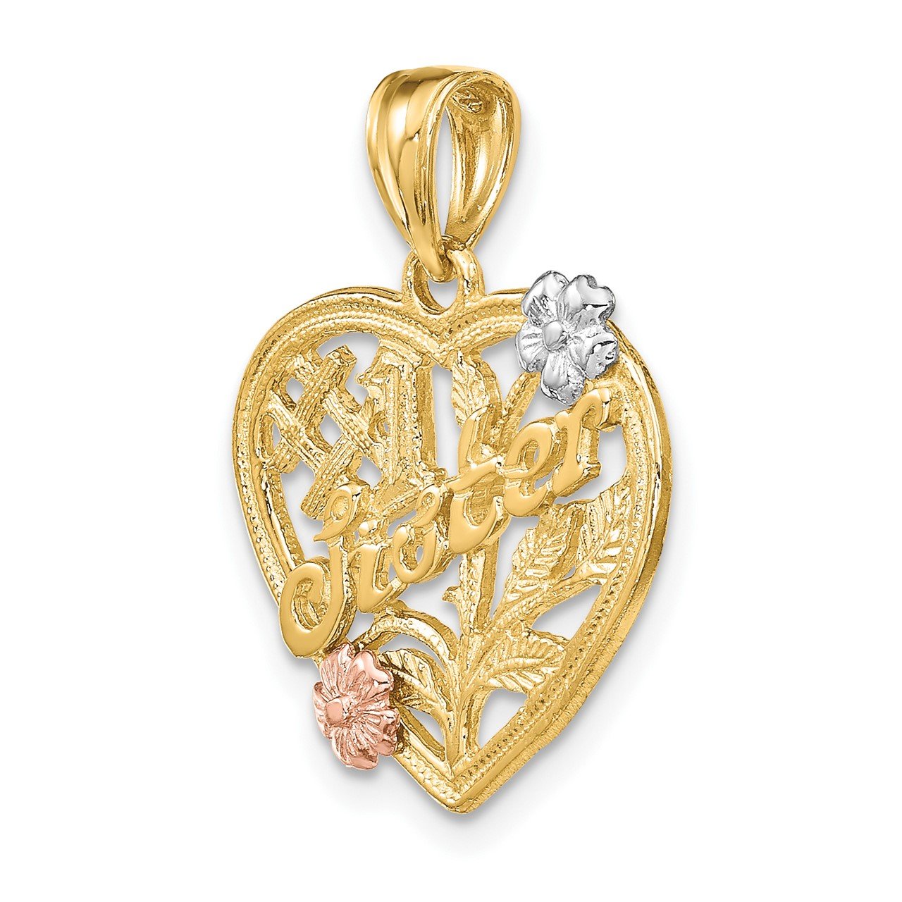 14k Two-tone White Rhodium SISTER On Heart with Flowers Charm-4