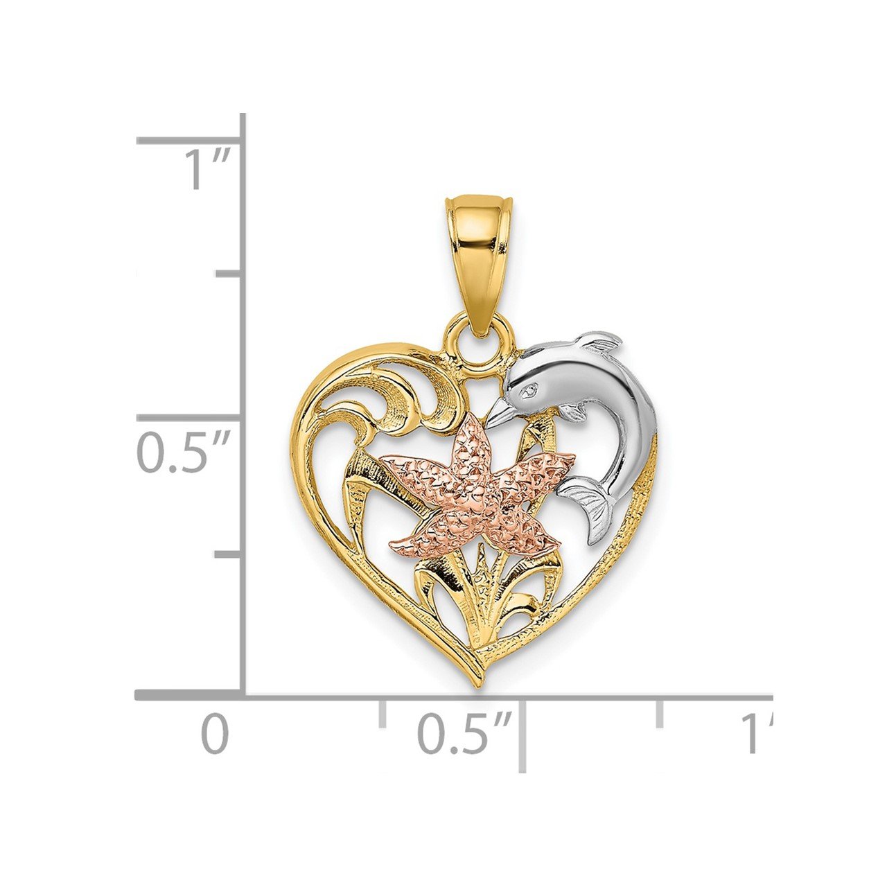 14K Two-tone with White Rhodium Dolphin and Starfish In Heart Charm-2